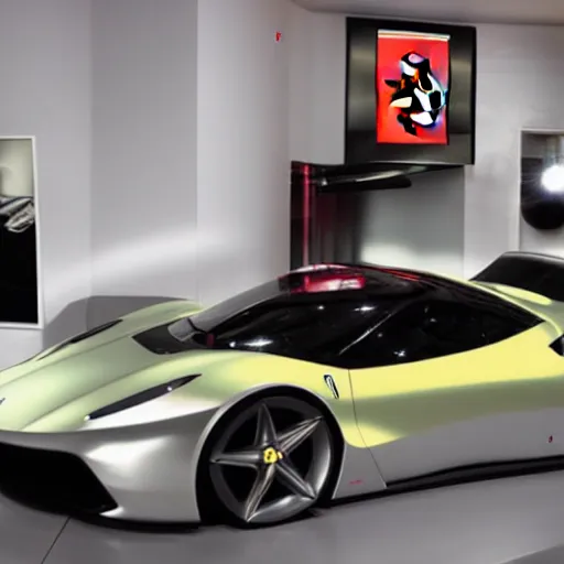 Prompt: a vision gran turismo style ferrari concept car inside a showroom, with the tailights glowing, in nice studio lighting