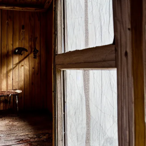 Image similar to a film production still, 2 8 mm, wide shot of a cabin interior, wooden furniture, cobwebs, spiderwebs, window light illuminates dust in the air, abandoned, depth of field, cinematic