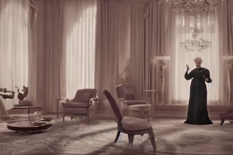 Prompt: VFX movie of old woman applauding sleek futuristic butler robot in a decadent living room by Emmanuel Lubezki