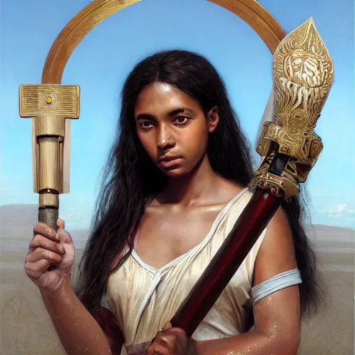 Image similar to artstation concept of a beautiful girl holding a saber, brown skin, sweaty skin, symmetrical face, casual white garment, white desert background, shiny colorful, hyperdetailed, artstation trending, world renowned artists, worth1000.com, historic artworks society, antique renewal, cgsociety, by greg rutkowski, by Gustave Doré, Deviantart