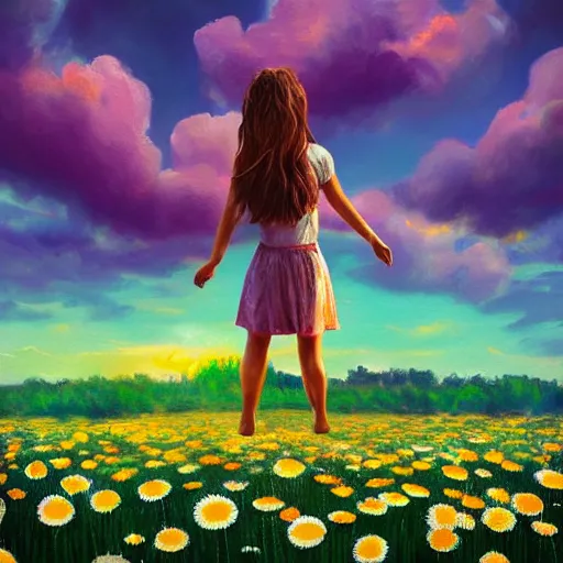 Image similar to head made of giant daisies, girl standing barefoot in a flower field, arms stretched, surreal photography, sunrise dramatic light, impressionist painting, colorful clouds, large sky, digital painting, artstation, simon stalenhag, flower face