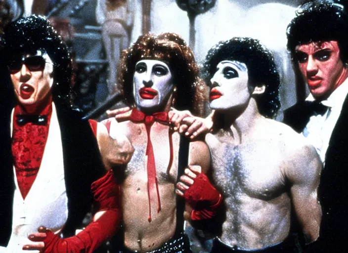 Image similar to a scene from The Rocky Horror Picture Show with Sylvester Stallone