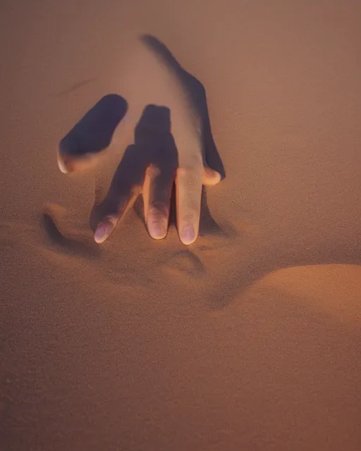 Image similar to photo of a giant human hand protruding from the sand in the sahara desert in the style of mano del desierto, a camel stands off in the distance, golden hour, bokeh