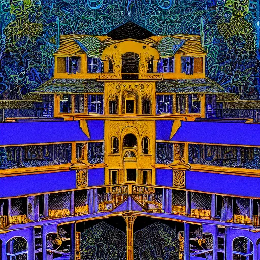 Prompt: A Eternal mansion, by M.C. Escher, Jim Fitzpatrick, Chaotic, Lucid, Cycles, Chromatic Abberation, Dawn