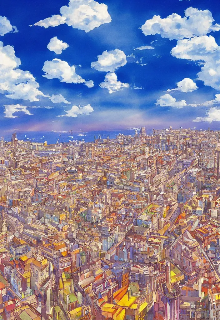 Image similar to barcelona city, detailed clouds, sunbeams, heavenly color scheme, studio ghibli scheme