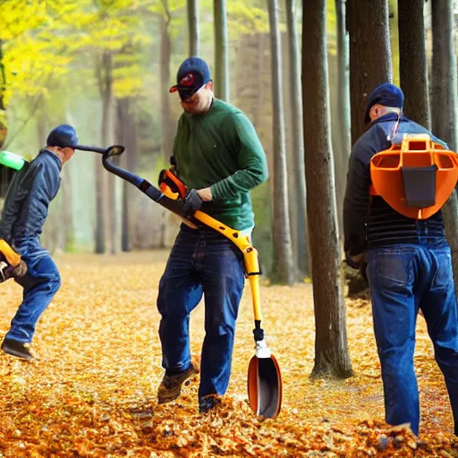 Prompt: men with leaf blowers fighting the falling leaves in a forest