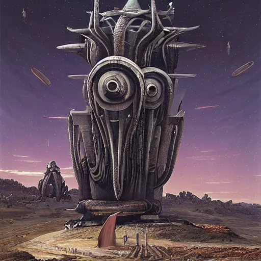 Prompt: biblical painting of hr giger artlilery spaceship lands in a country landscape, filigree ornaments, volumetric lights, simon stalenhag