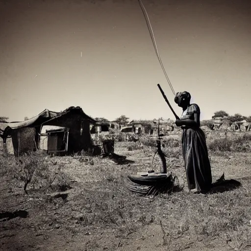 Image similar to wide angle photo of African woman inspecting laser gun ancient device, tools and junk on the ground,wires and lights, old village in the distance, vintage old photo, black and white, sepia