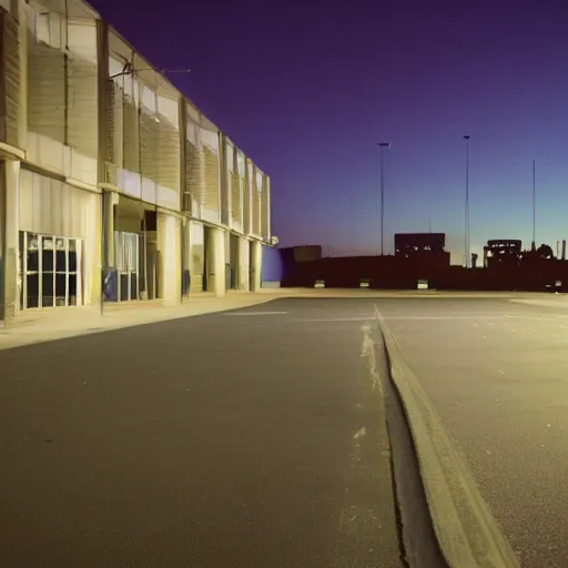 Image similar to a bipedal skunk in an empty parking structure at night, 28mm lens,