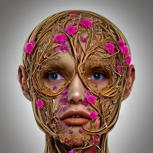 Image similar to face portrait, 150 mm, anatomical, flesh, flowers, mandelbrot fractal, veins, arteries, symmetric, intricate, golden ratio, full frame, microscopic, elegant, highly detailed, ornate, ornament, elegant , luxury, beautifully lit, ray trace, octane render in the style of peter Gric , alex grey and Romero Ressendi