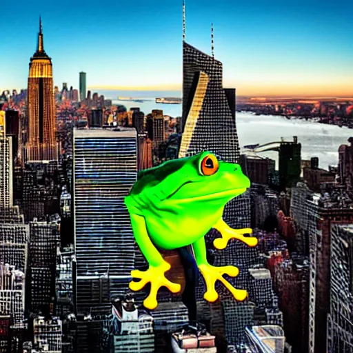 Image similar to giant frog standing over new york city