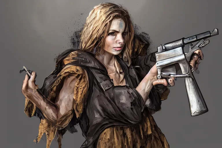 Image similar to girl in trash rags holding a revolver, character concept, valorant style, digital art, many details, super realistic, high quality, 8 k