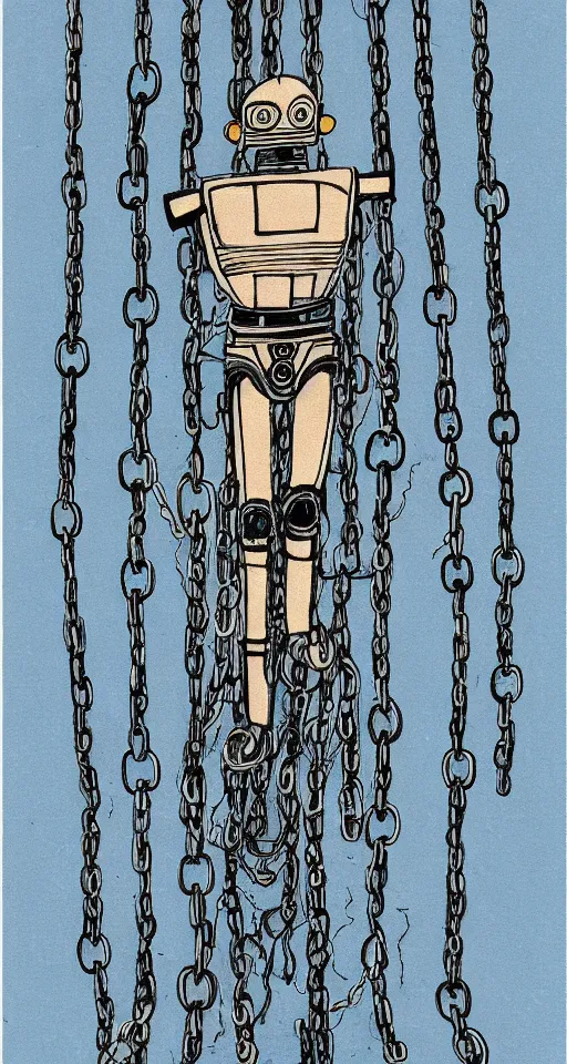 Prompt: a robot hanging by his feet in chains upside down peacefully, beautiful coloured Japanese ink painting inspired by the hanged man tarot card, soft lines