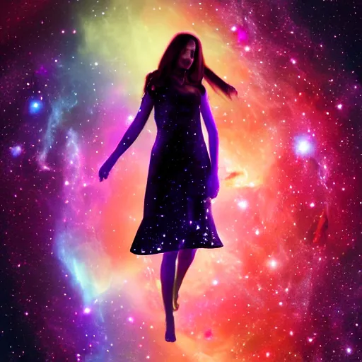 Image similar to woman made of nebula in space with hubble background, vray, 5 5 mm