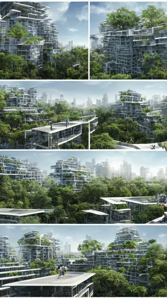 Image similar to 5 - panel comic page layout. 2 characters talking about sustainable futuristic building in a urban setting. ultrarealistic matte painting on white page. the building has many deep and tall balconies covered in plants and trees. thin random columns, large windows, deep overhangs. plants hang from balconies. greeble articulated details with plants. 8 k, uhd.