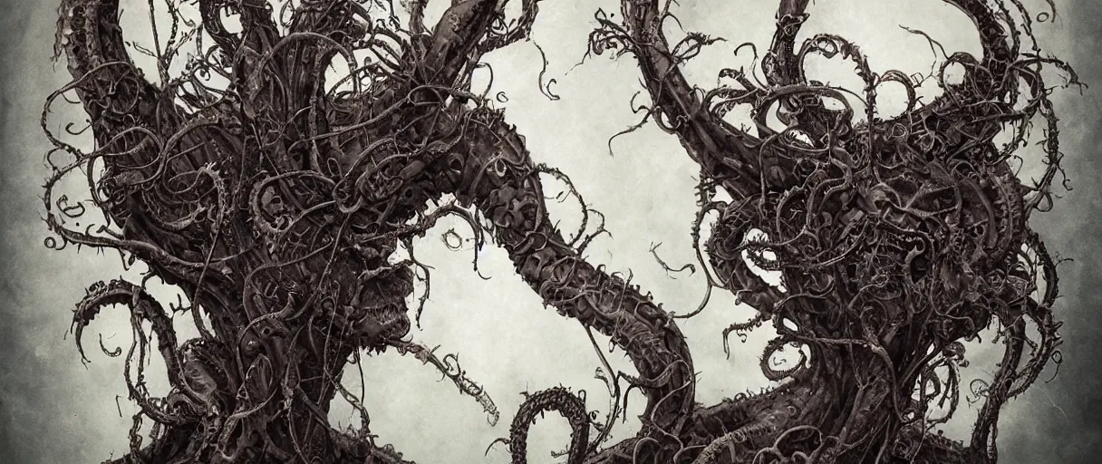 Image similar to centered horrifying detailed side view profile portrait of a insane, crazed, mad old bald zombie, eldritch abomination, dunwitch horror, ornate tentacles growing around, ornamentation, thorns, vines, tentacles, elegant, beautifully soft lit, full frame, 8 k by wayne barlowe, peter mohrbacher, kelly mckernan, h r giger