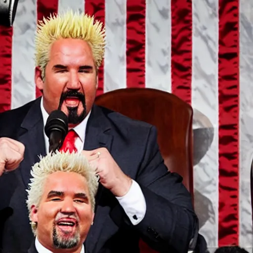 Prompt: President Guy Fieri giving State of the Union Address, press photo