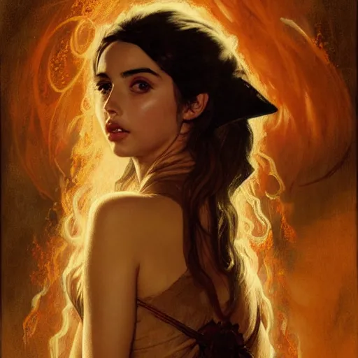 Prompt: half length portrait of ana de armas as a sorcerer using fire magic, d & d, medieval, fantasy, royo, klimt, miro, vallejo, frazetta, alphonse mucha, greg rutkowski, whealan