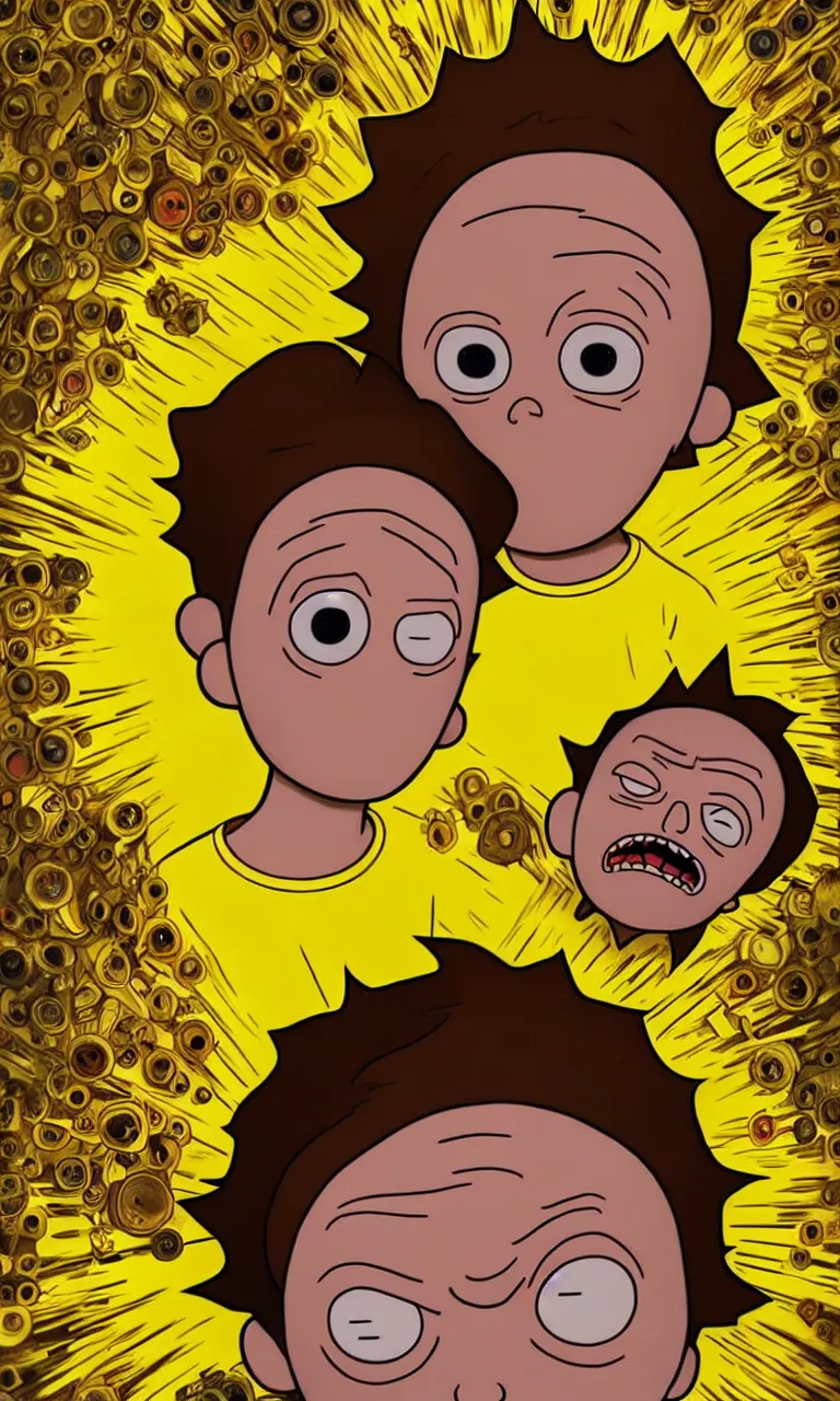 Image similar to hyper realistic portrait of an very young 1 2 yr dumb roundheaded round head morty, from rick and morty, worried, yellow t - shirt, portal in the background, by lee bermejo, alphonse mucha and greg rutkowski