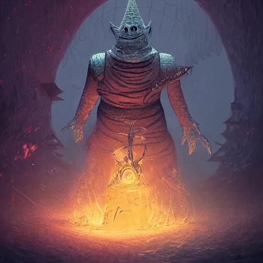 Prompt: patrick star as a dark souls boss, dark, digital art, concept art by mike winkelmann,