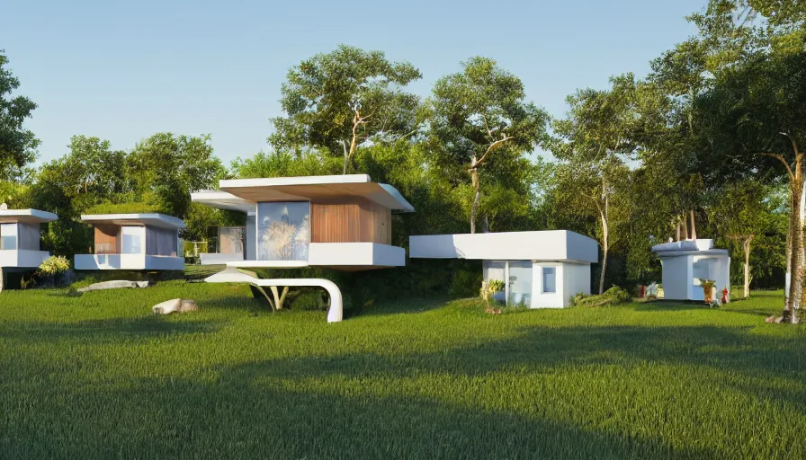 Image similar to A wide image of an eco-community neighborhood of innovative contemporary 3D printed prefab sea ranch style cabins with rounded corners and angles, beveled edges, made of cement and concrete, organic architecture, in a lush green eco community with side walks, parks and public space , Designed by Gucci and Wes Anderson, golden hour