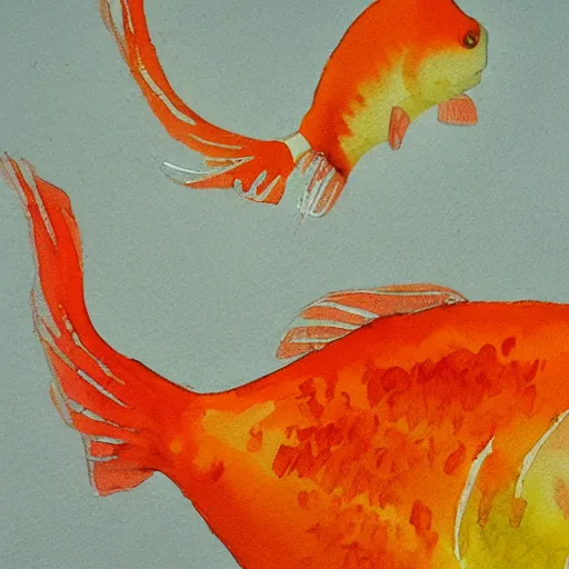 Image similar to watercolor painting of two mostly orange goldfish with white spot, by yusei nagashima, simple background, impressionist