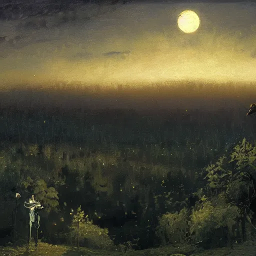 Image similar to close-up, cinematic, the crescent Moon in the sky, above the night forest, soft lighting, oil on canvas, by Perov, by Levitan, masterpiece, trending on artstation, cinematic composition, beautiful lighting, sharp, details, hyper-detailed, HD