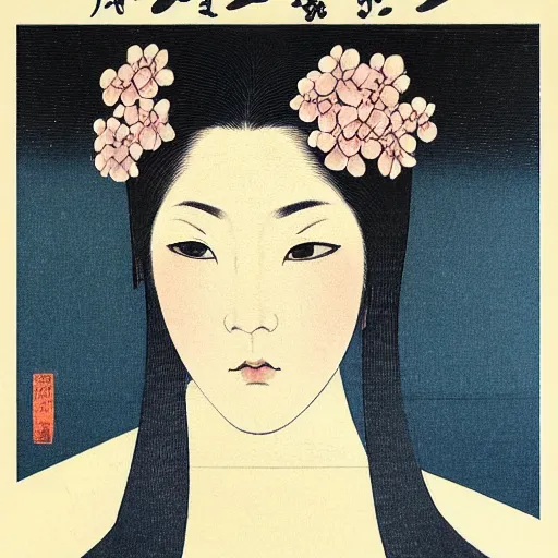 Image similar to portraite of a gorgeous devil woman portrait by ikenaga yasunari and ayana otake and ko rakusui, 6 0 s poster, drawing, realistic, sharp focus, japanese, dreamy, nostalgia, faded, golden hues,