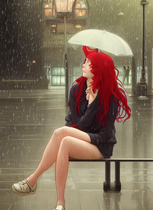 Prompt: pretty young woman with long red hair sitting at a bus stop in the rain, path traced, highly detailed, high quality, digital painting, by studio ghibli and alphonse mucha, leesha hannigan, makoto shinkai, disney