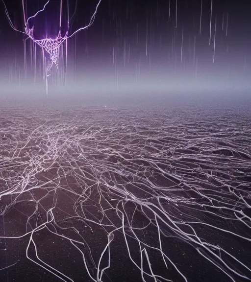 Image similar to surreal neuron city tower, breaking the waves, made of crystalized synapse, aerial iridecent veins, moonbow, in the desert, foggy sky, dark starry night, octane render, unreal engine, pale colors, high detail, 8 k, wide angle, trending on artstation, behance