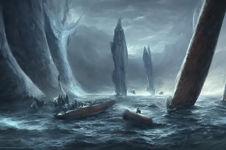 Image similar to Scylla and Charybdis and a Trireme by Jessica Rossier and HR Giger cinematic concept painting