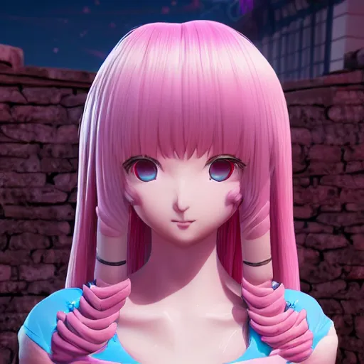 Image similar to stunningly beautiful omnipotent megalomaniacal anime goddess with porcelain skin, pink twintail hair and mesmerizing cyan eyes, symmetrical perfect face smiling in a mischievous, devious and haughty way while looking down upon the viewer, mid view, hyperdetailed, 2 d, unreal engine 5, 8 k