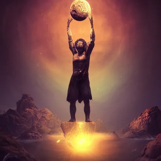 Image similar to a god holding a planet, 8K resolution, HDR, soft focus, macro photography, digital art, ambient occlusion, gothic art, hyperdetailed, Unreal Engine, ethereal, dynamic lighting, stunning visuals, creative, trending on art station, ultra detailed