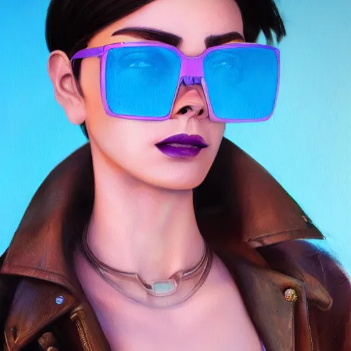 Image similar to very detailed masterpiece closeup painting of a very beautiful young mexican cyberpunk woman with light blue shutter shades, one side haircut, brown hair with light blue ends, purple leather jacket, beauty mark on cheek, portrait, synthwave background, artstation, concept art by greg rutkowski