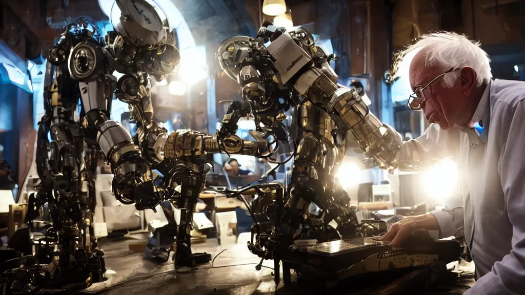 Image similar to bernie sanders putting the finishing touches on a ( ( ( ( cute ) ) ) ) clockwork doomsday robot, cinematic moody lighting, sharp focus, imax