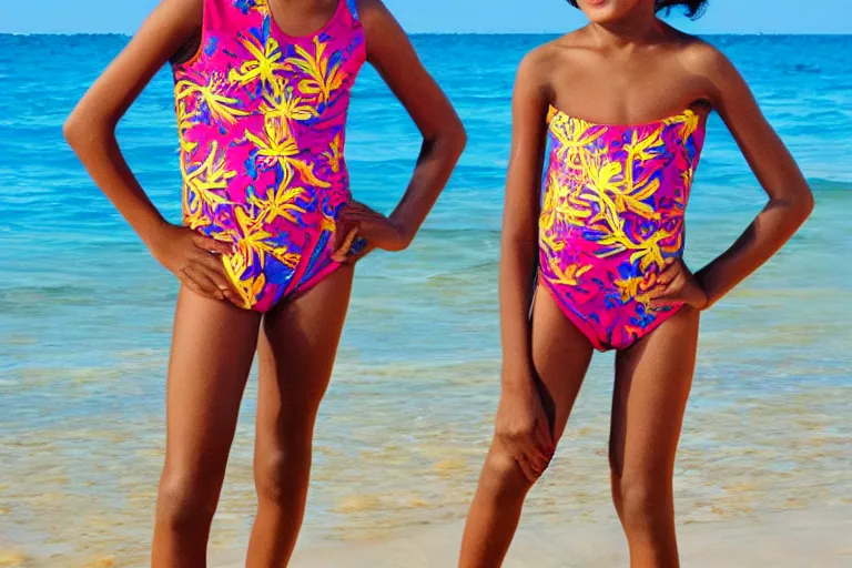 Image similar to a happy sri lankan girl in swinsuit at the beach with iridescent skin by kehinde wiley