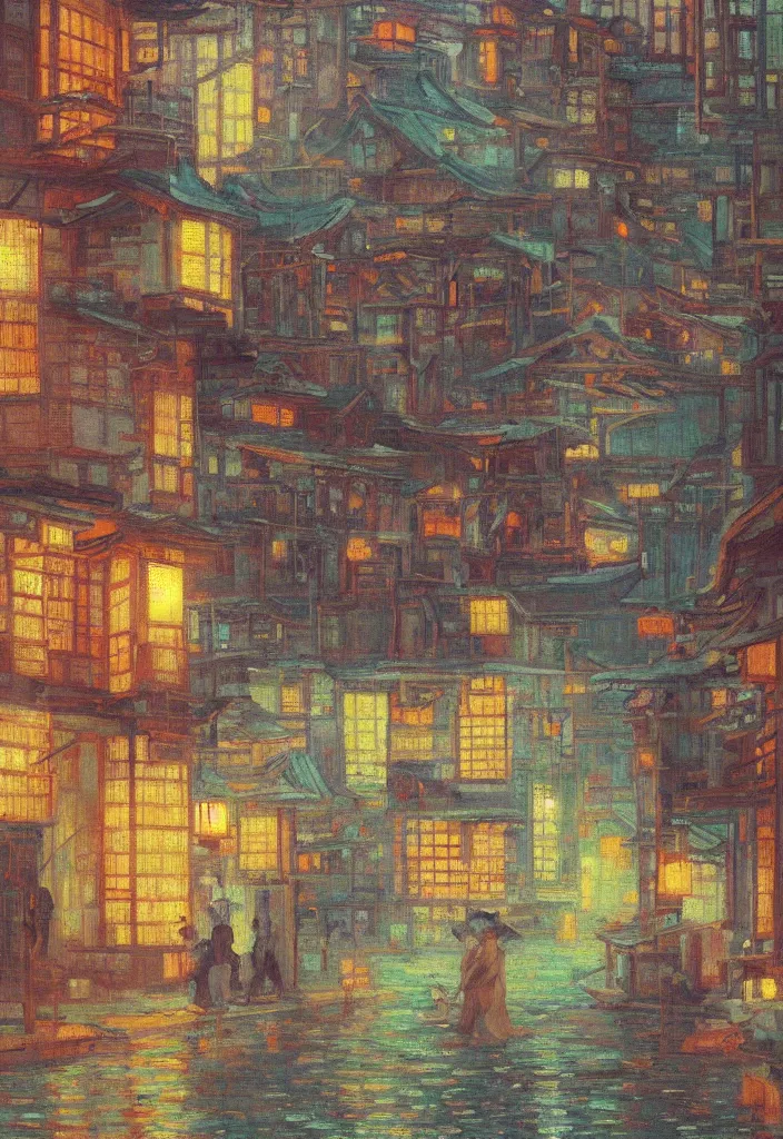 Image similar to a beautiful japanese city near the sea, amazing ryokans and gorgeous edo era houses, epic cyberpunk, lofi vibe, colorful, vivide colors, amazing light, really beautiful nature, oil painting in impressionist style, by jeremy lipkin, by claude monet, by makoto shinkai, multiple brush strokes, inspired by ghibli, masterpiece, beautiful