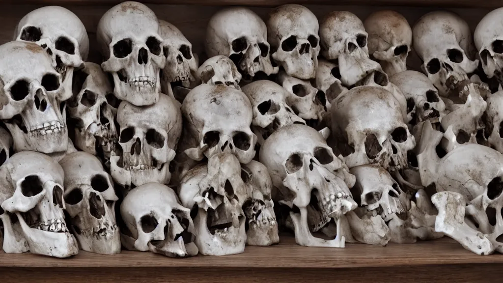 Prompt: A shelf of vampire skulls, silver vampire-hunting guns and wooden stakes