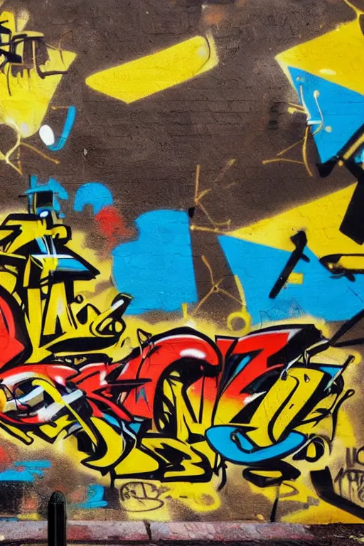 Image similar to extreme graffiti tag mural maximalism, yellow, brown, black and cyan color scheme, octane render
