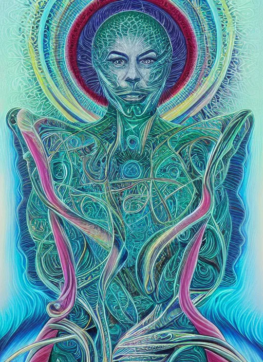 Prompt: alex grey painting depicting teal swan