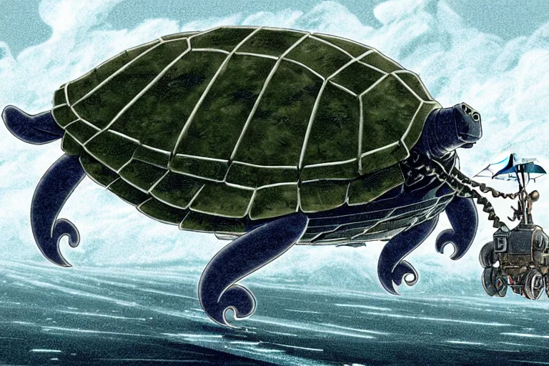 Image similar to cell shaded cartoon of a giant lovecraftian mechanized turtle from howl's moving castle ( 2 0 0 4 ), on an icy road in the mist, full body, wide shot, very muted colors, post grunge, studio ghibli, highly detailed, deviantart, art by artgem