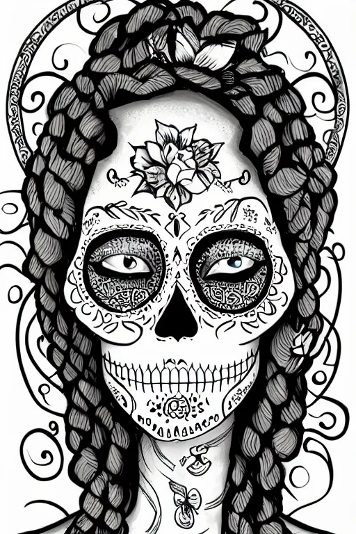Prompt: Illustration of a sugar skull day of the dead girl, art by kate beaton