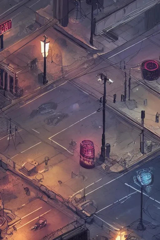 Image similar to style : disco elysium. composition : long shot, waist level ; low angle. key words : digital art ; detailed ; 4 k. scenery : a gothic harbor city with blood on the streets. subject : none ; the streets are empty. details : at night ; lanterns in the streets.