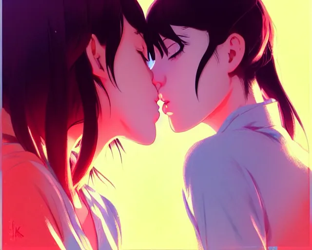 Image similar to two girls kissing | very very anime!!!, fine - face, audrey plaza, realistic shaded perfect face, fine details. anime. realistic shaded lighting poster by ilya kuvshinov katsuhiro otomo ghost - in - the - shell, magali villeneuve, artgerm, jeremy lipkin and michael garmash and rob rey