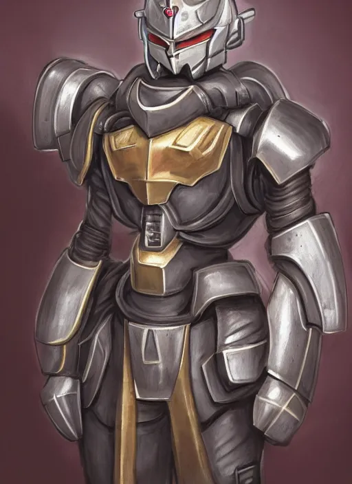 Prompt: medium-length portrait of a male paladin with short curly hair and a salt-and-pepper beard, dark brown skin, happy expression, wears a suit of power armor, magitech!, gundam, an arcane core shining from his chest!, medieval setting, highly detailed, digital painting, (artstation), concept art, sharp focus, illustration, art by greg rutkowski and alphonse mucha