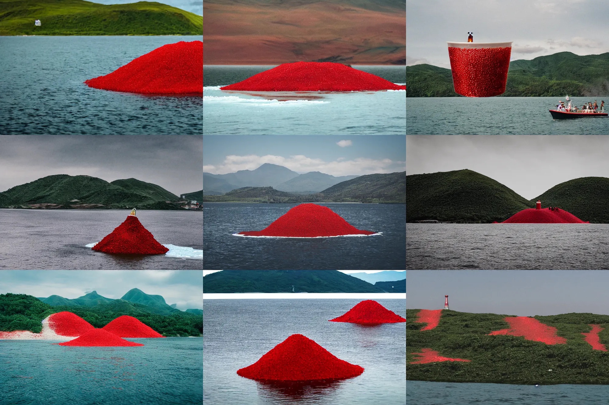 Image similar to an island made of food, water from coca - cola around the island, red caviar instead of sand, hills with ice cream instead of mountains, photo taken from a boat, 3 5 mm, cinematic