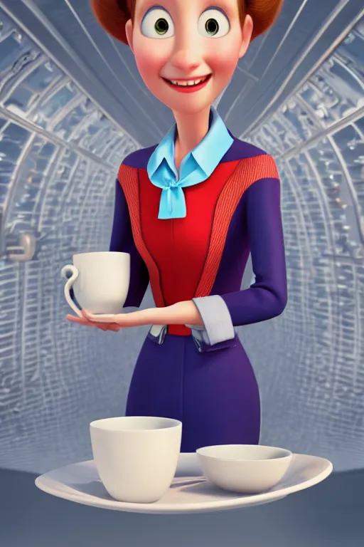 Prompt: portrait of a stewardess from a distance working inside a plane while holding a white tea cup with the seats in background, full body. pixar disney 4 k 3 d render funny animation movie oscar winning trending on artstation and behance, ratatouille style