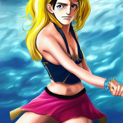 Image similar to a full-body portrait of emma watson as nami from one piece, digital painting