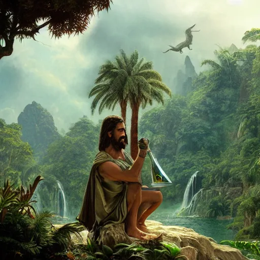 Prompt: a detailed matte painting of a ridiculously good looking jesus who is best friends forever with a tyrannosaurus rex, elegant ancient greek dress, jungle as the background, drinking a martini, very detailed, beautiful, intricate, art by greg rutkowski and robert e howard, octane render