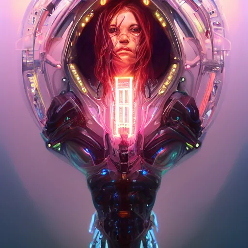 Image similar to portrait, biomechanical, bioluminescent, cyberpunk, bionics, augments, lights, cables, elegant baroqe style, colorful, vivid, imposing, epic, digital painting, artstation, concept art, art by stanley lau and artgerm and magali villeneuve and alphonse mucha